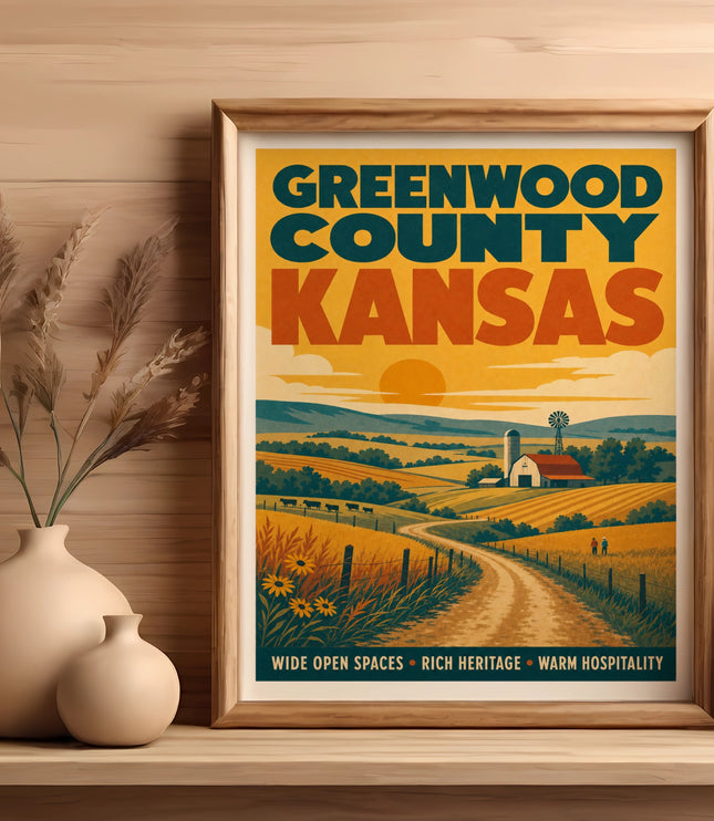 Greenwood County Kansas landscape illustration with text.
