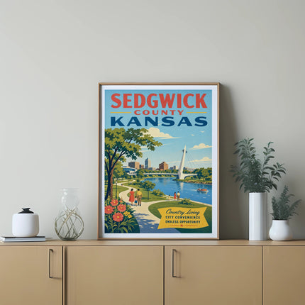 Sedgwick County, Kansas travel poster with cityscape and river view.
