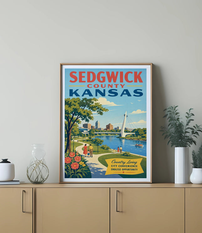 Sedgwick County, Kansas travel poster with cityscape and river view.
