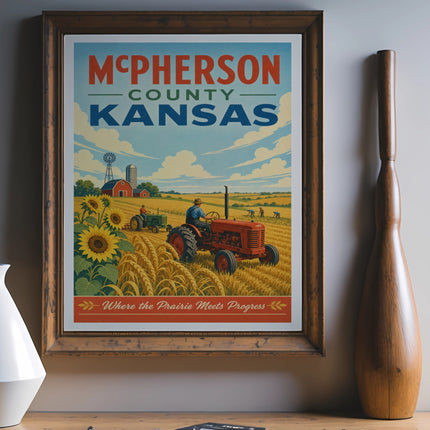 McPherson County Kansas travel poster with farm scene and sunflowers.