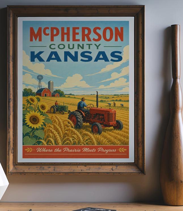 McPherson County Kansas travel poster with farm scene and sunflowers.
