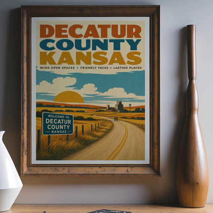 Poster for Decatur County, Kansas, with rural landscape and text "Wide Open Spaces Friendly Faces Lasting Places."