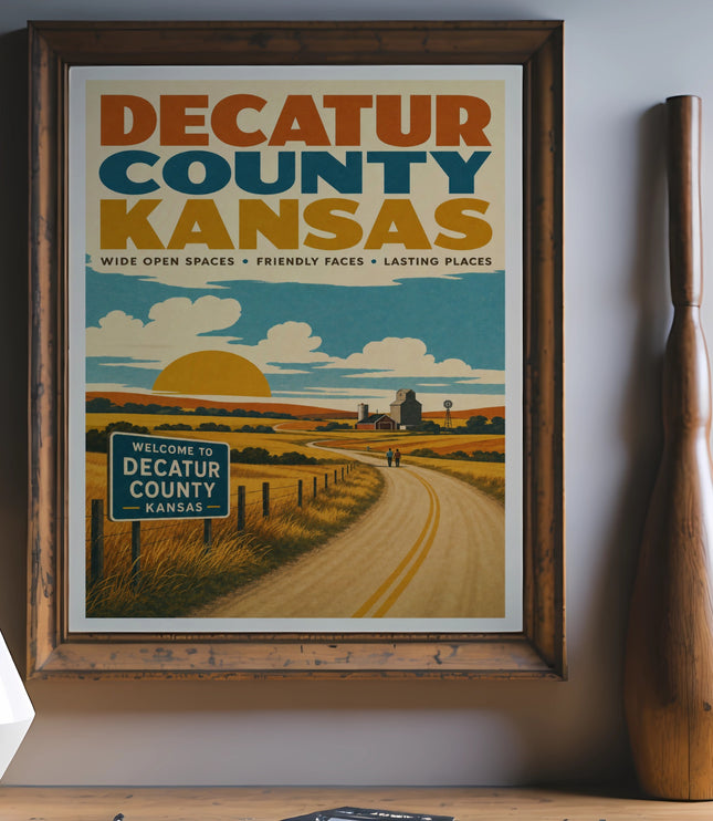 Poster for Decatur County, Kansas, with rural landscape and text "Wide Open Spaces Friendly Faces Lasting Places."