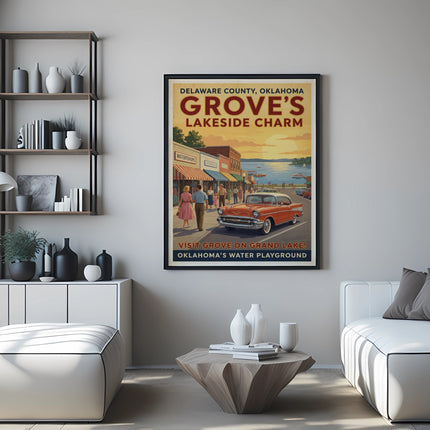 Vintage poster for Grove, Oklahoma, featuring lakeside charm, shops, and a classic car.