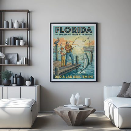 Florida fishing print with father and son by the water.