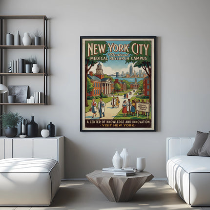 New York City Medical Research Campus poster with buildings, trees, and text.