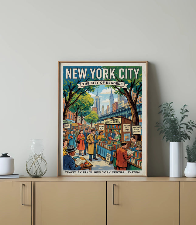 Vintage New York City poster: "The City of Readers" with book fair, skyscrapers.
