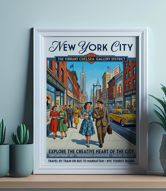 New York City poster of Chelsea Gallery District with people, taxis, and Empire State Building.