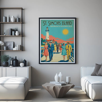 Vintage travel poster for St. Simons Island, Georgia, with a lighthouse and couple.
