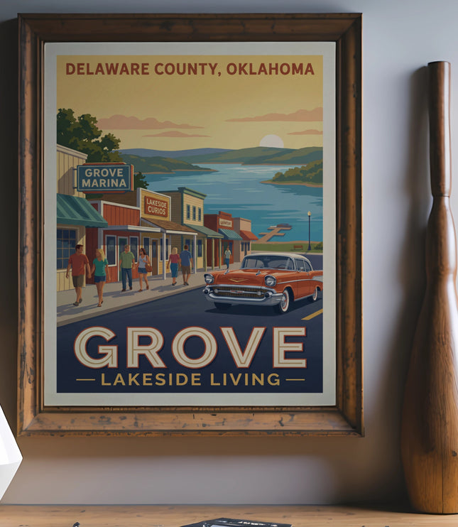 Delaware County, Oklahoma poster with Grove Marina, shops, car, and lake scene.