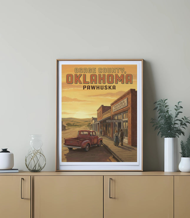 Vintage art depicts Osage County, Oklahoma, Pawhuska with a red truck and general store.