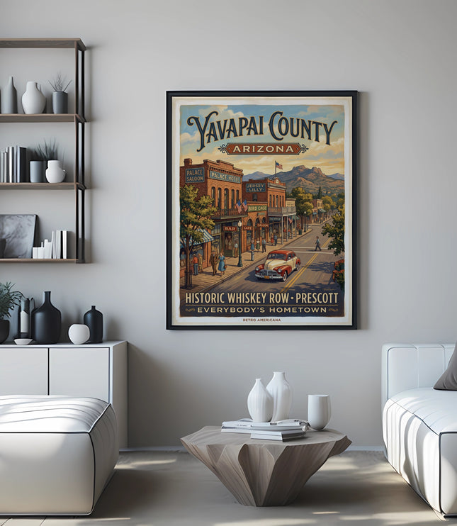 Yavapai County Arizona vintage travel poster of Whiskey Row, Prescott.