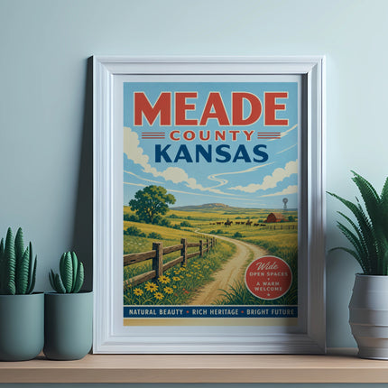 Meade County Kansas poster with rural landscape, text, and plants.