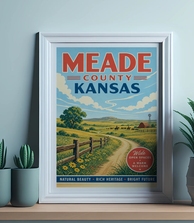 Meade County Kansas poster with rural landscape, text, and plants.
