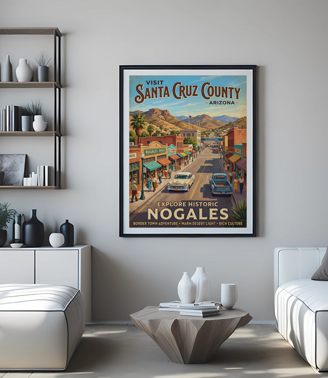 Vintage poster of Santa Cruz County, Arizona, featuring the town of Nogales.