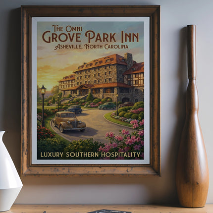 The Omni Grove Park Inn Asheville, North Carolina vintage travel poster.