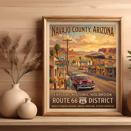 Navajo County, Arizona poster with Route 66 attractions, family, and vintage cars.