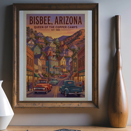 Bisbee, Arizona vintage poster with colorful buildings and classic pickup trucks.