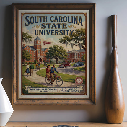 South Carolina State University poster with campus buildings and students biking.