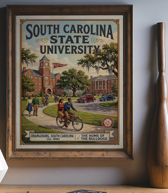South Carolina State University poster with campus buildings and students biking.