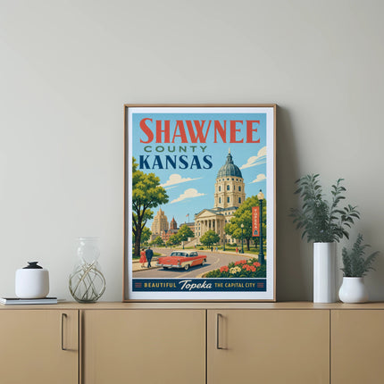 Vintage poster of Shawnee County, Kansas, featuring the state capitol building and a classic car.