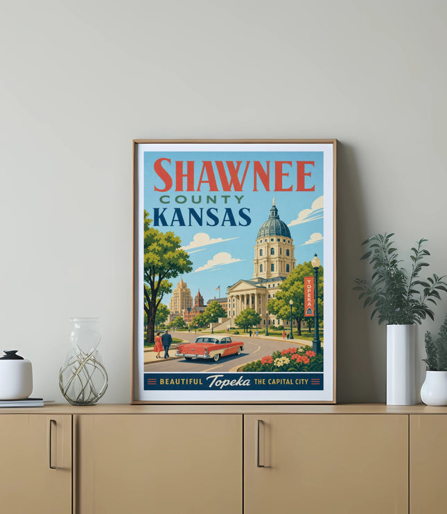 Vintage poster of Shawnee County, Kansas, featuring the state capitol building and a classic car.