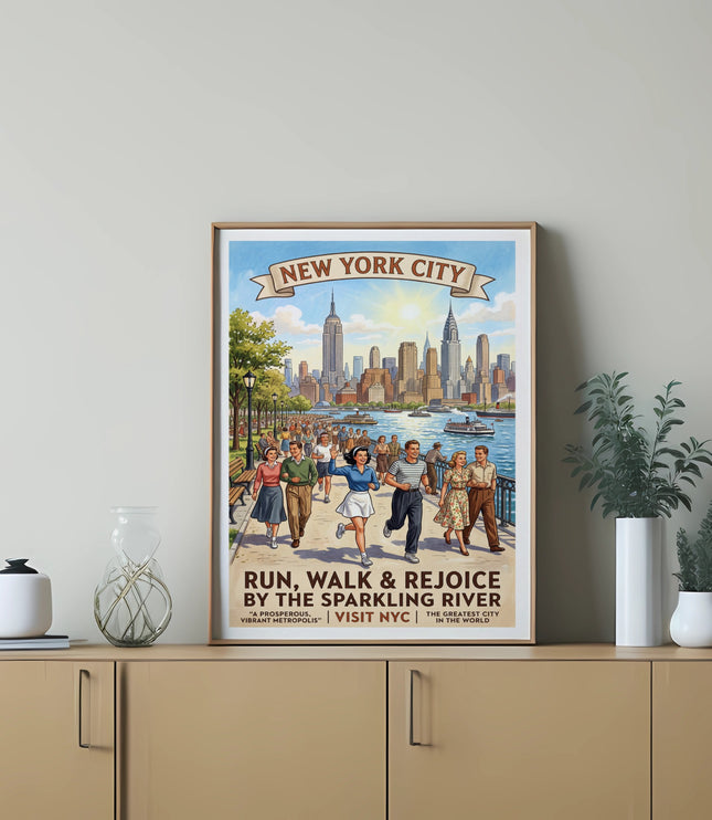 Vintage New York City poster with people running by a river with skyscrapers in the background.