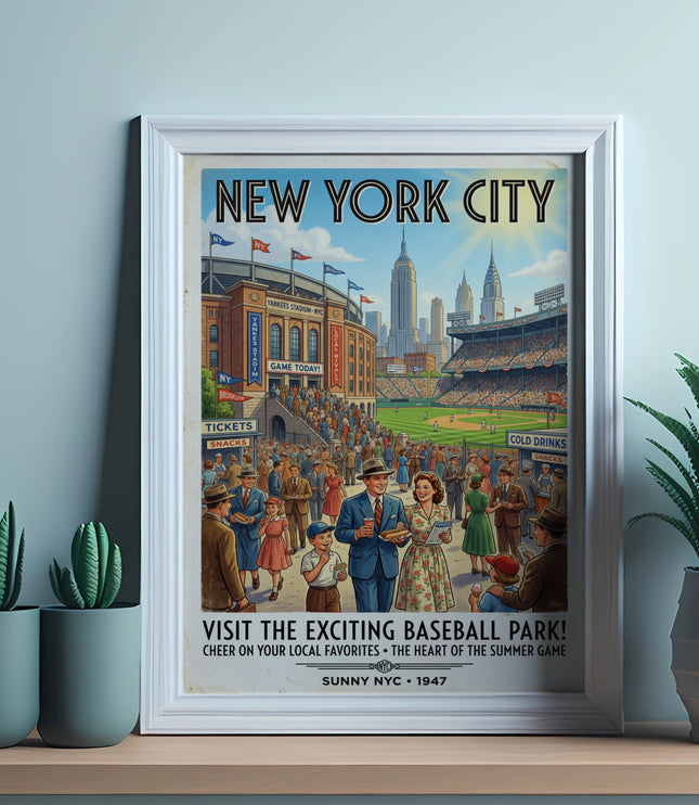 New York City vintage baseball park poster with Yankees Stadium and skyline.