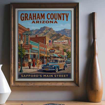 Vintage Safford's Main Street poster with old cars and buildings, Graham County Arizona.