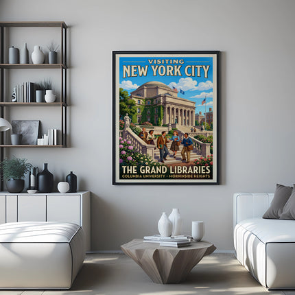 Vintage poster showing Columbia University's library steps, "Visiting New York City."