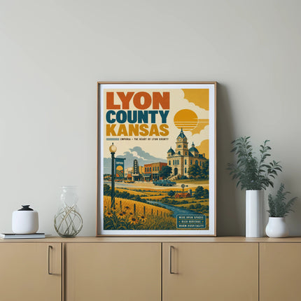 Emporia Lyon County Kansas travel poster with buildings and fields.