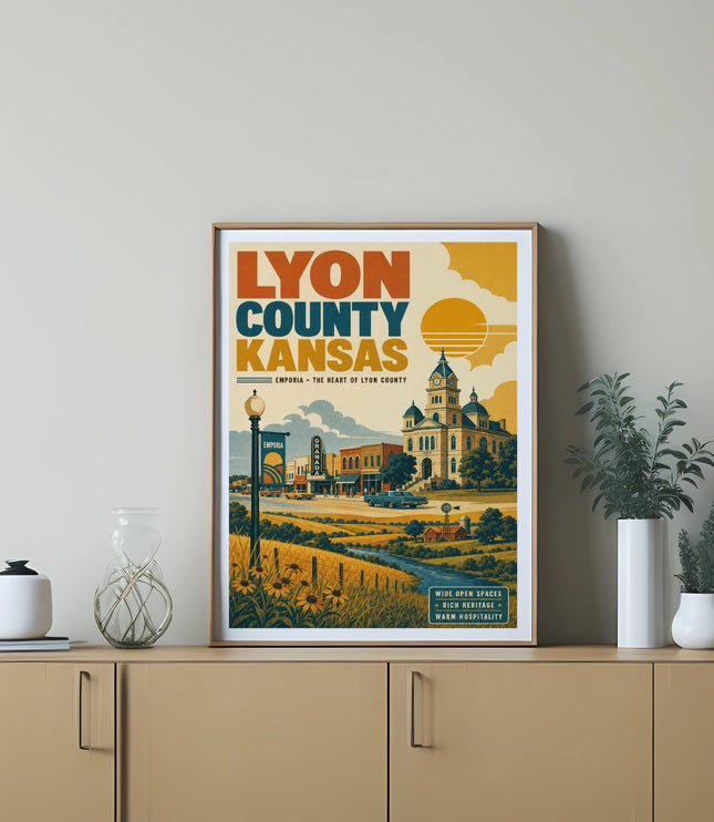 Emporia Lyon County Kansas travel poster with buildings and fields.