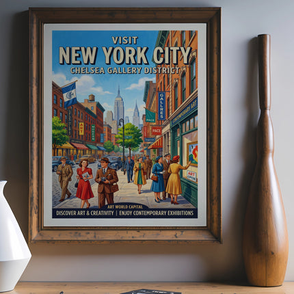 New York City Chelsea Gallery District vintage travel poster with street scene.