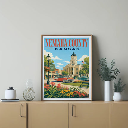 Nemaha County Kansas artwork featuring a courthouse, vintage car, and floral landscaping.