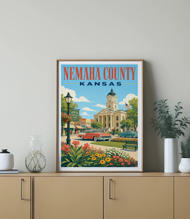 Nemaha County Kansas artwork featuring a courthouse, vintage car, and floral landscaping.