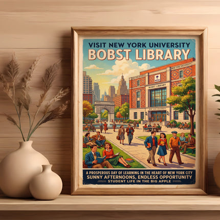Vintage poster for NYU Bobst Library depicting students and buildings.
