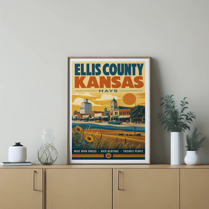 Ellis County Kansas Hays vintage travel poster with sun, fields, and buildings.