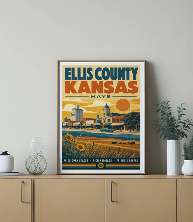 Ellis County Kansas Hays vintage travel poster with sun, fields, and buildings.