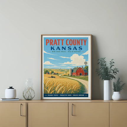Pratt County, Kansas poster with farm scene, red barn, and wheat fields.