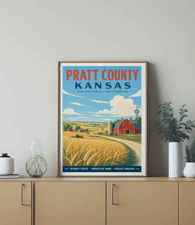 Pratt County, Kansas poster with farm scene, red barn, and wheat fields.