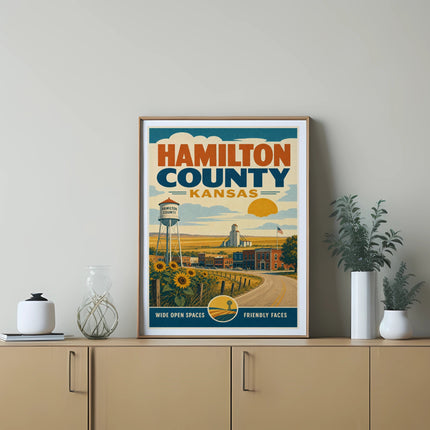 Hamilton County, Kansas vintage travel poster with sunflowers and grain silo.