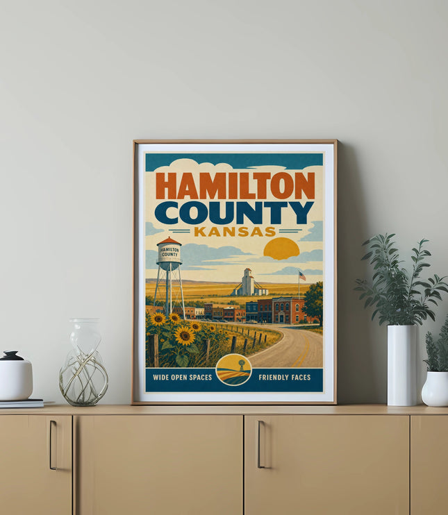 Hamilton County, Kansas vintage travel poster with sunflowers and grain silo.