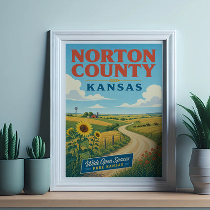 Norton County, Kansas poster with sunflowers, fields, and farm landscape.