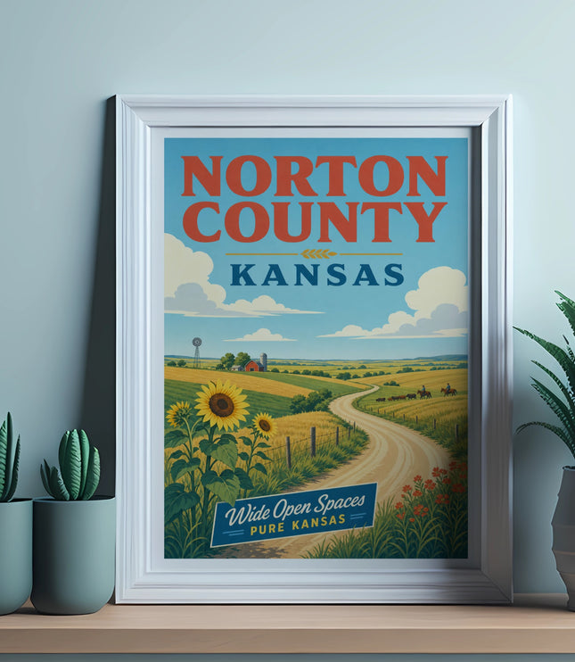 Norton County, Kansas poster with sunflowers, fields, and farm landscape.