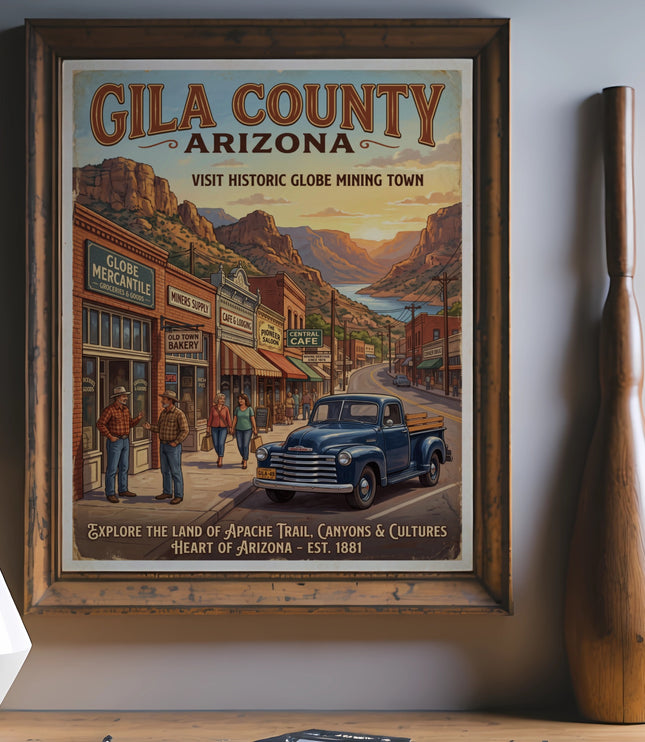 Vintage Gila County Arizona poster with historic Globe mining town scene and truck.
