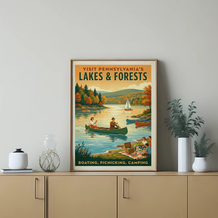 Vintage travel poster: Visit Pennsylvania's Lakes & Forests, boating, camping.