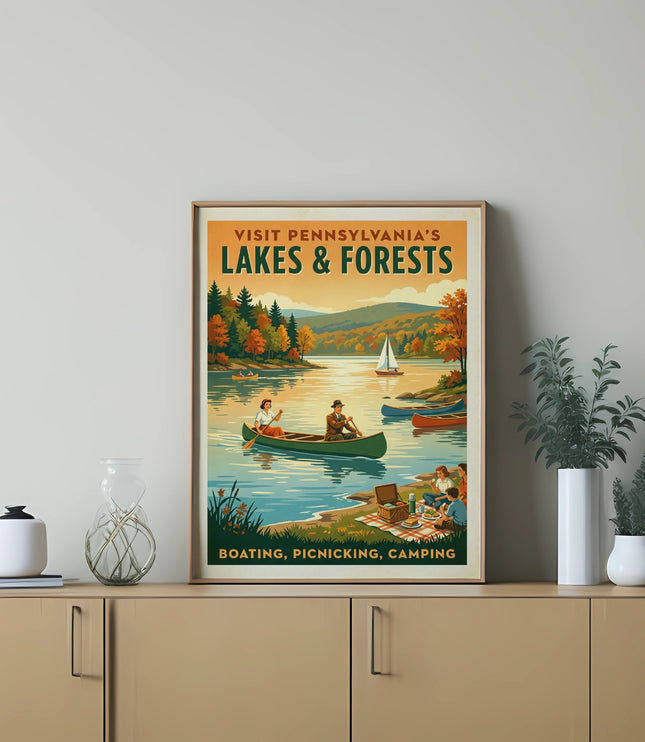 Vintage travel poster: Visit Pennsylvania's Lakes & Forests, boating, camping.