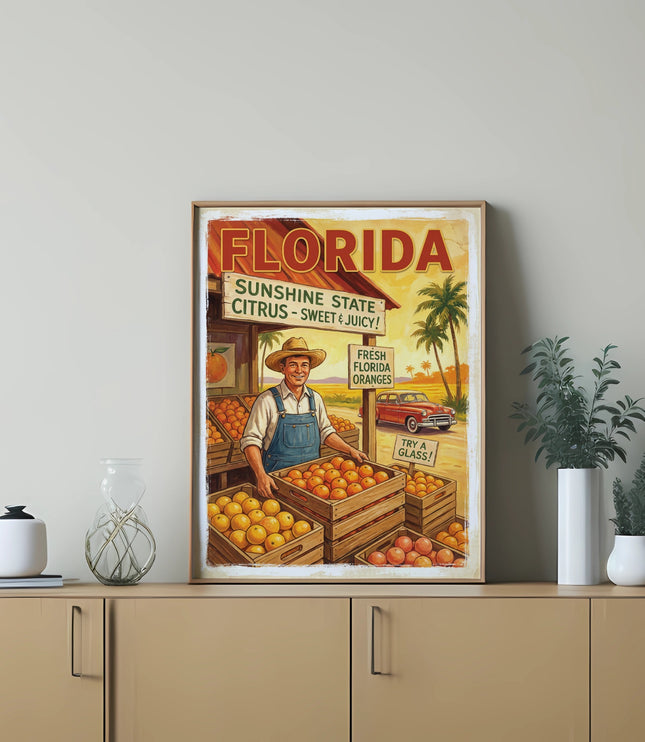 Vintage Florida poster of a farmer with crates of fresh oranges.