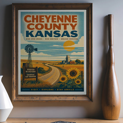 Cheyenne County, Kansas vintage travel poster with windmill, sunflowers, and rolling hills.