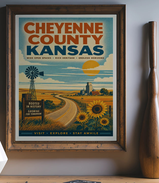 Cheyenne County, Kansas vintage travel poster with windmill, sunflowers, and rolling hills.